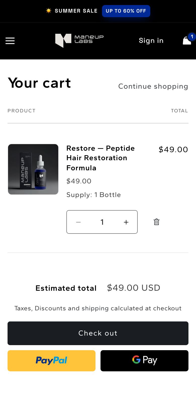 Maneup Labs cart on the live store