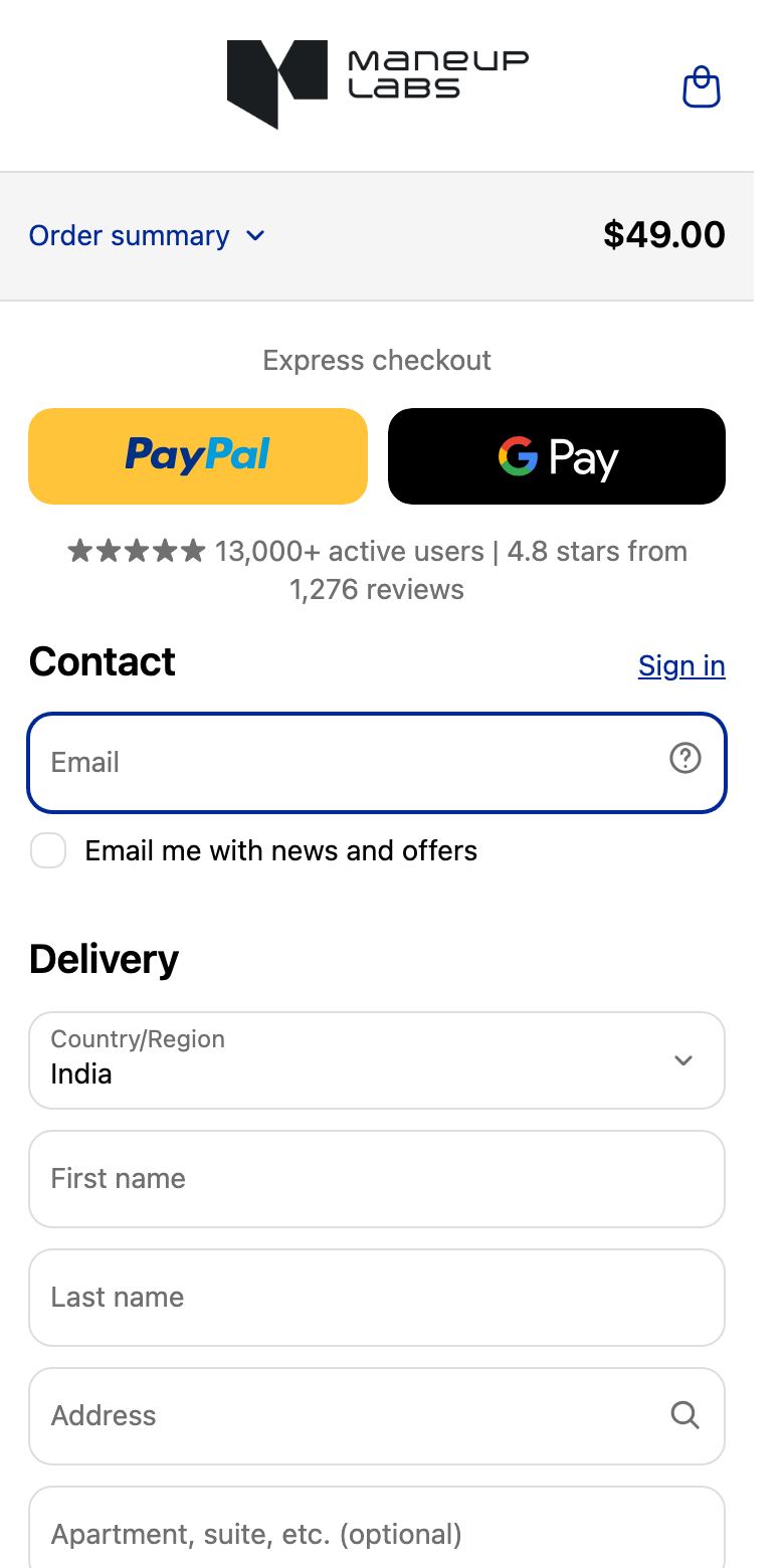 Maneup Labs checkout on the live store
