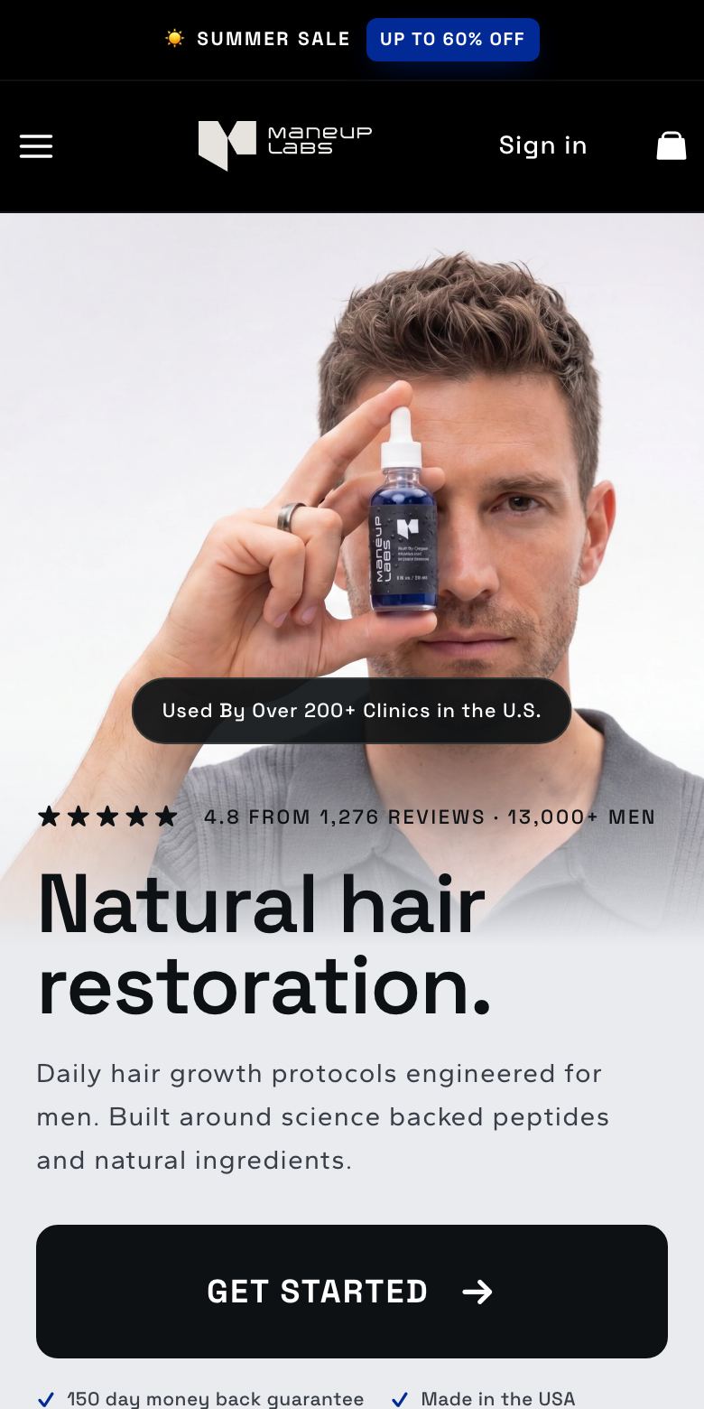 Maneup Labs landing on the live store