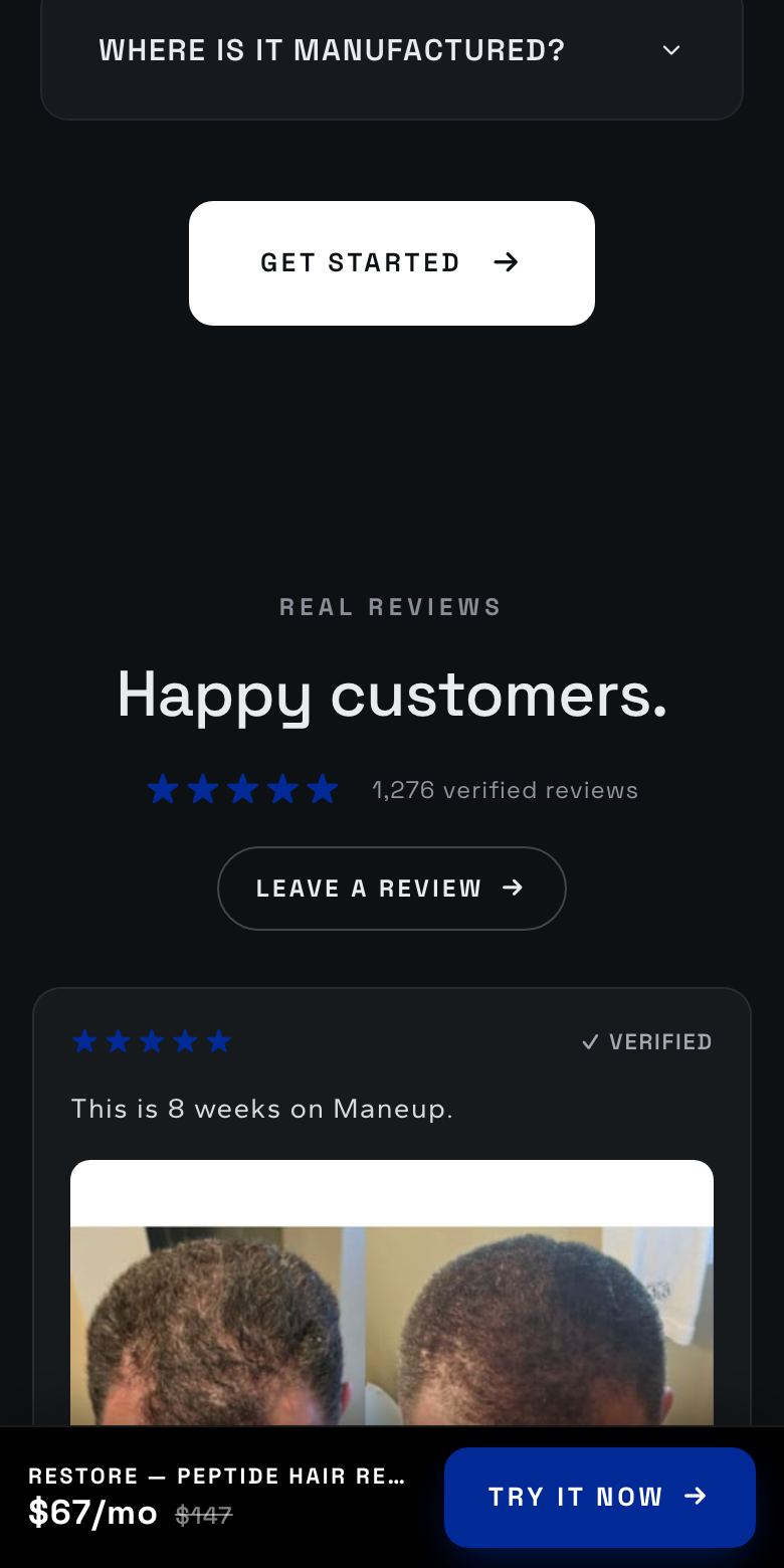 Maneup Labs: review wall: real before/afters + sticky buy bar