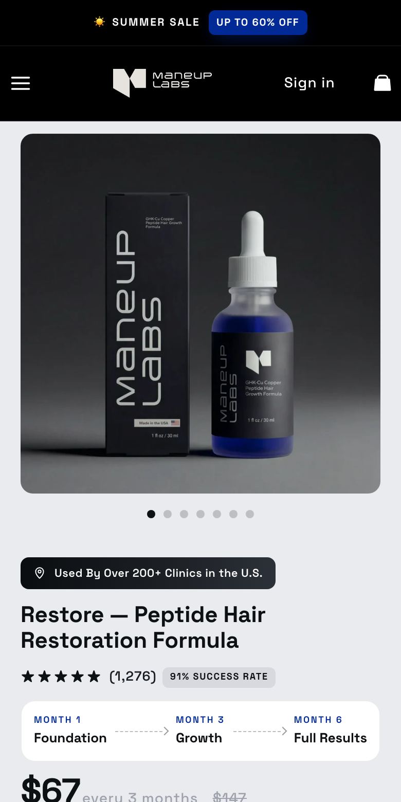 Maneup Labs product page on the live store