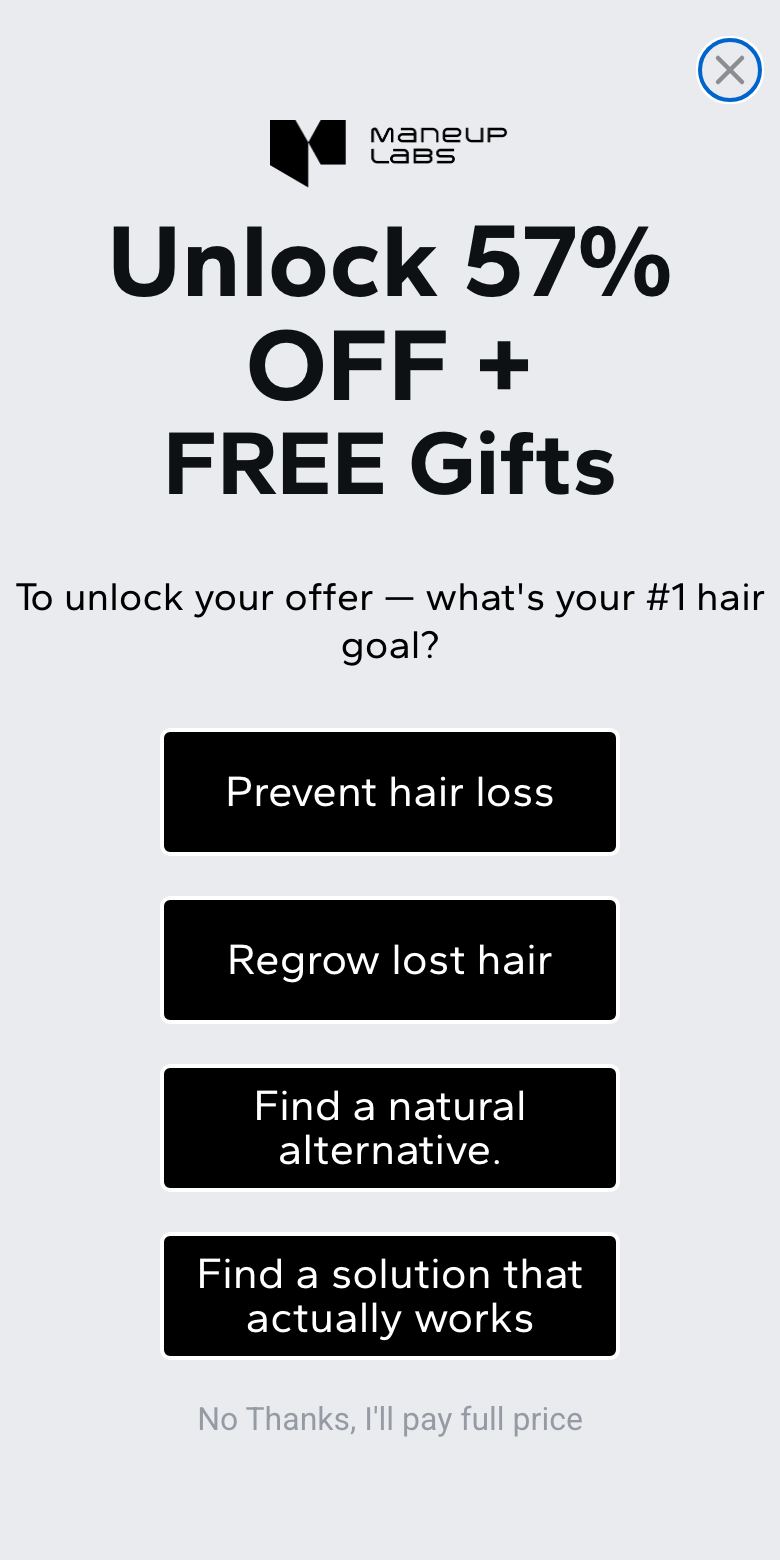 Maneup Labs: offer capture: quiz trades 57% off for an email