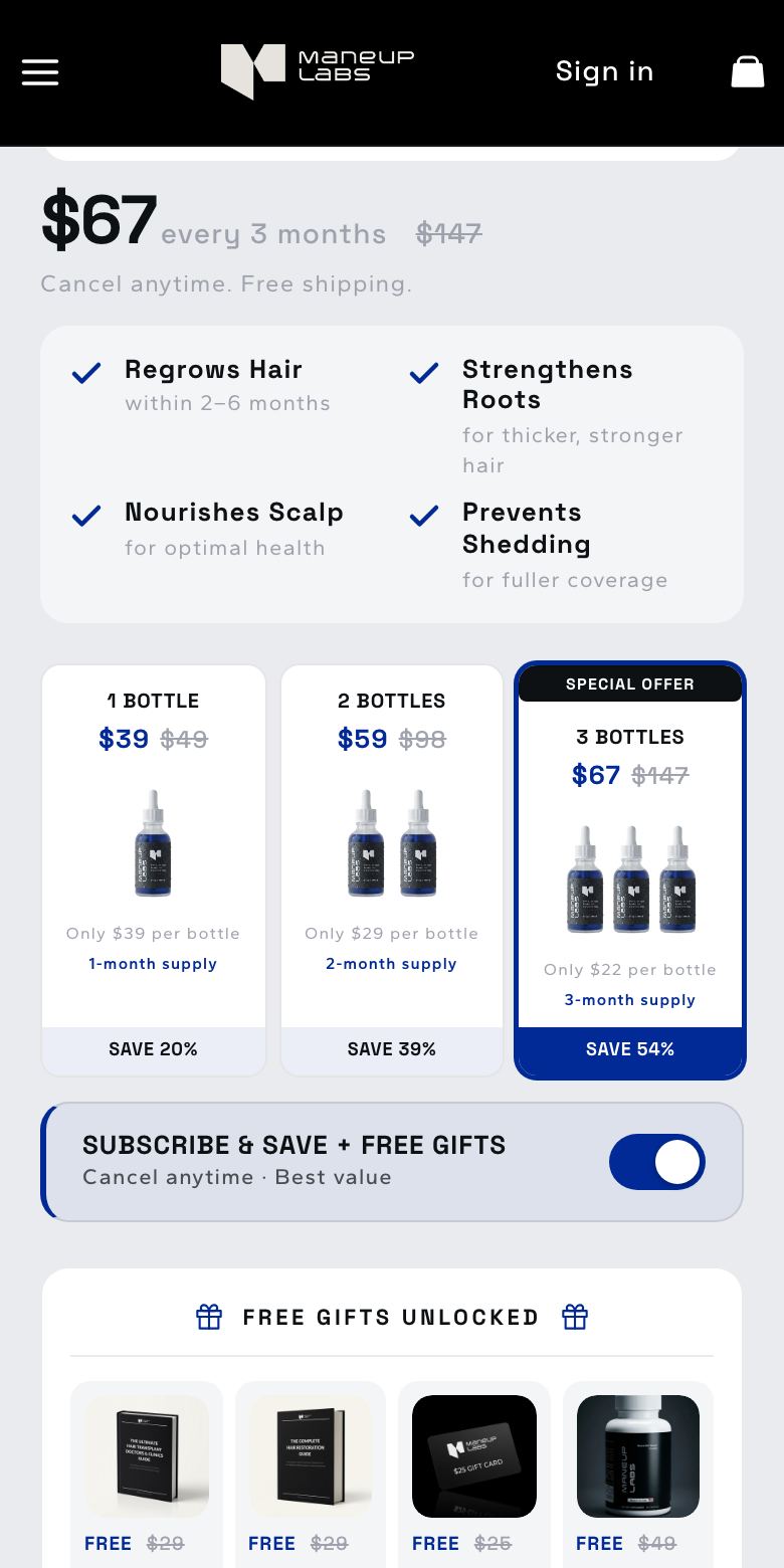 Maneup Labs subscription push on the live store