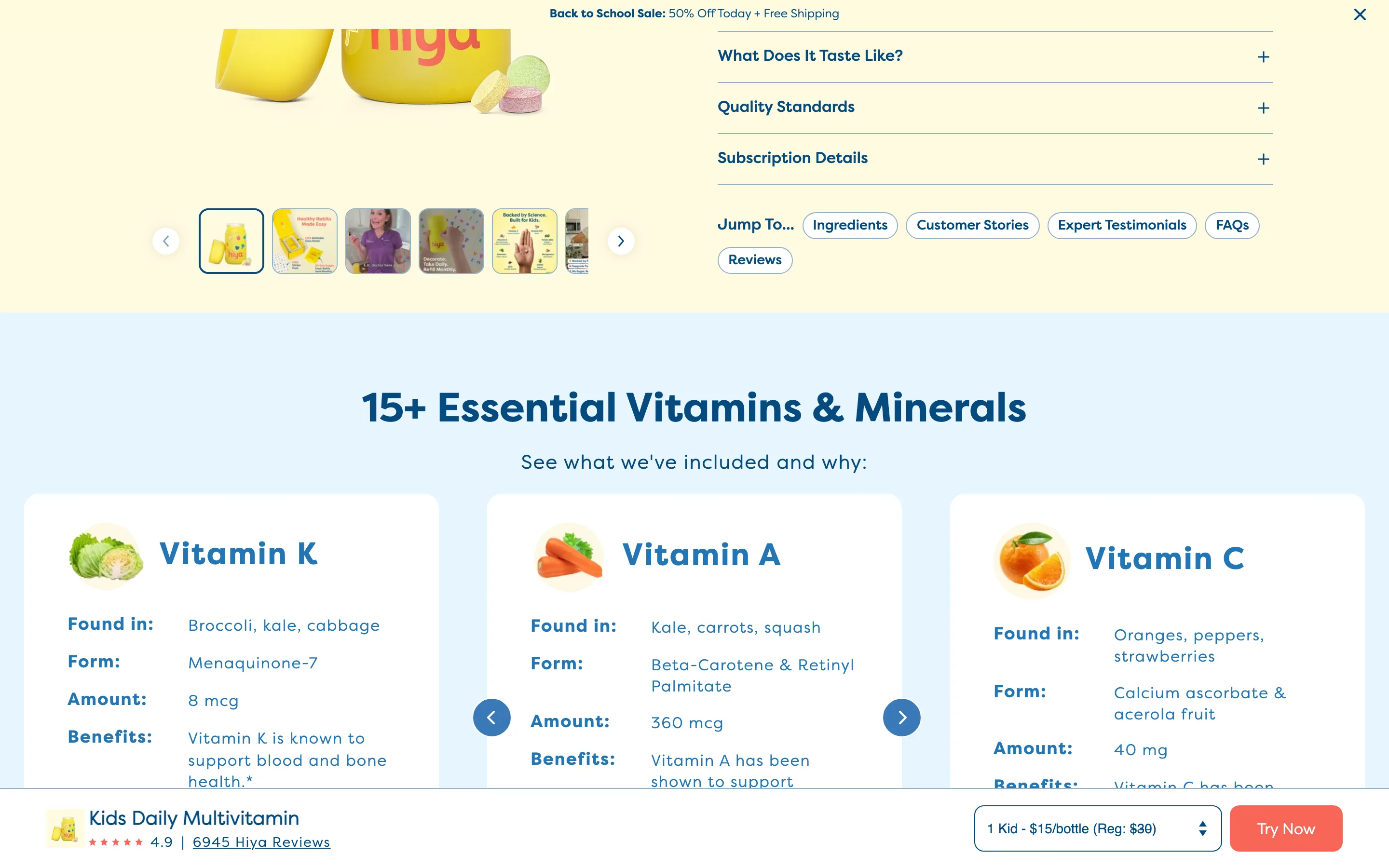 A row of Jump To pill chips near the buy box linking to ingredients, customer stories, expert testimonials, FAQs and reviews