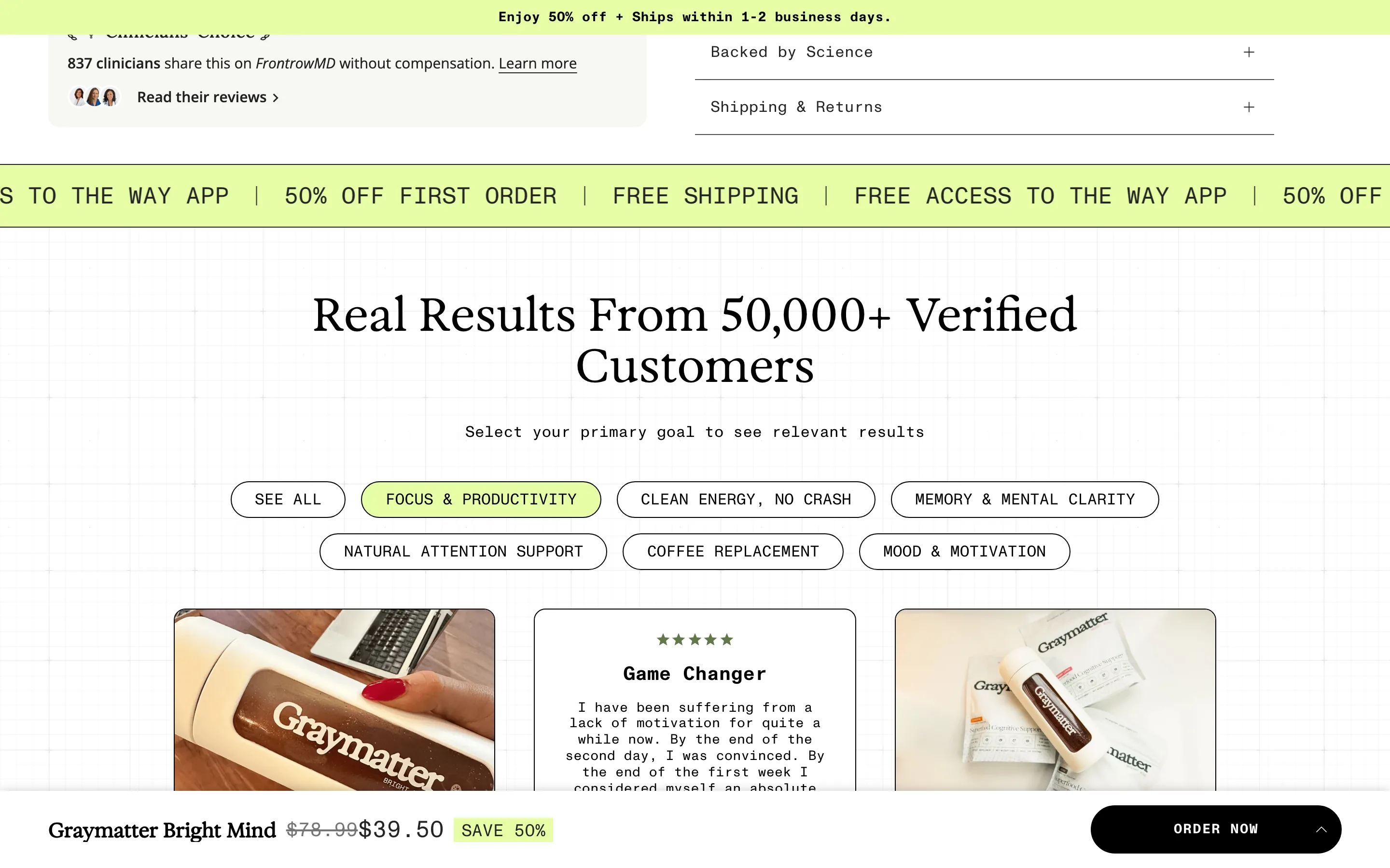 A results section headed by a large verified-customer count with goal filter chips and testimonial cards below
